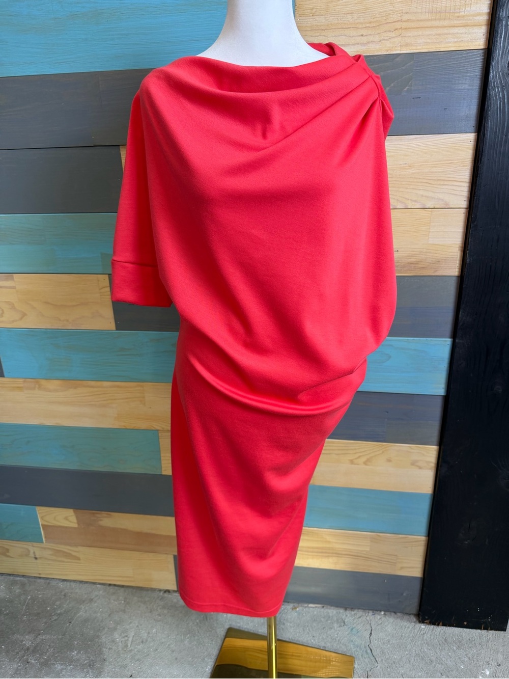 Lila Kass Women’s Draped Cowl Neck Midi Dress Vibrant Coral Red Shade